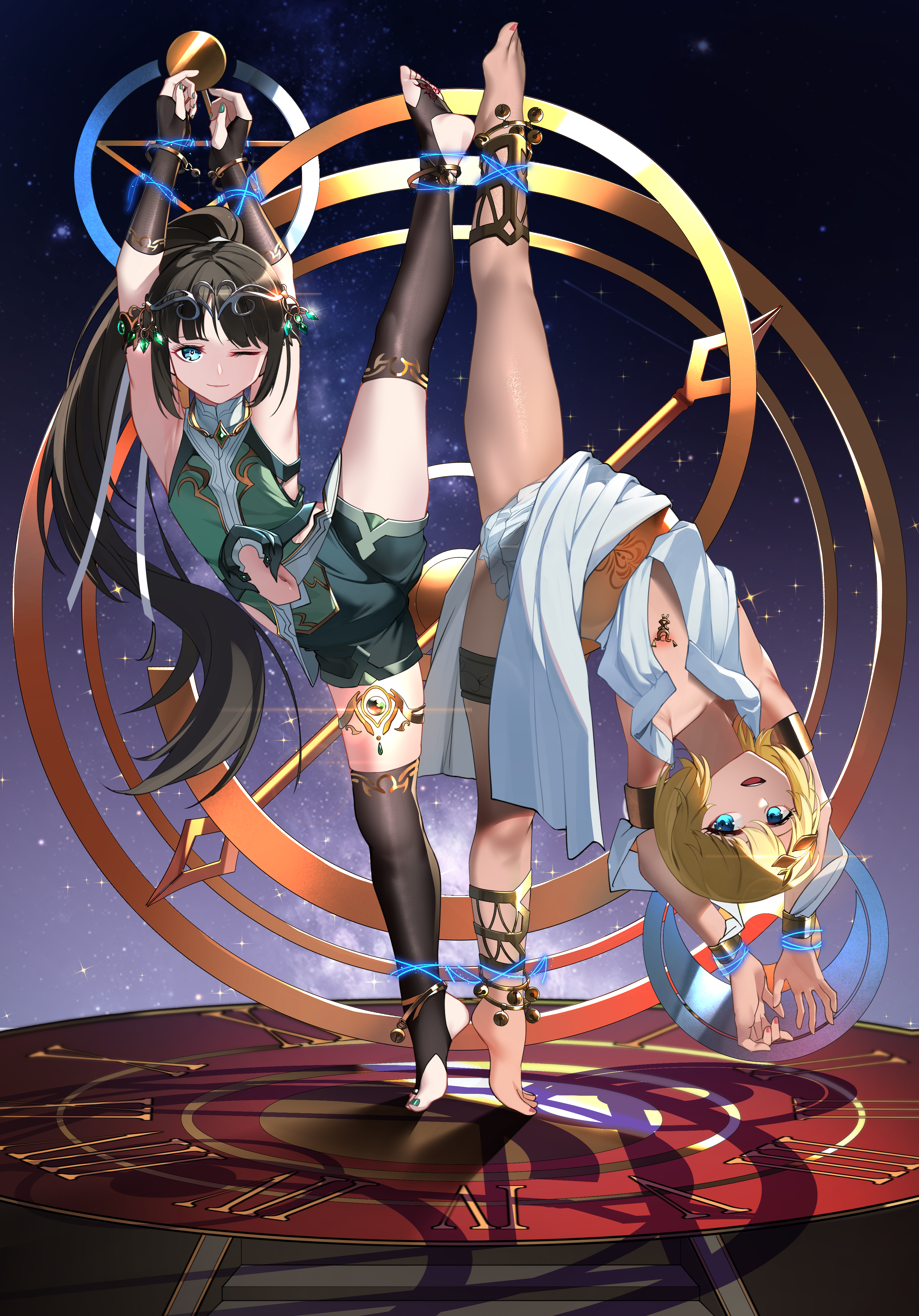 zqzzwdtn, original, absurdres, commentary request, highres, 2boys, black gloves, black hair, black thighhighs, blonde hair, blue eyes, bound, bound arms, bound legs, elbow gloves, fingerless gloves, gloves, green shirt, long hair, looking at viewer, multiple boys, navel, nipple piercing, one eye closed, piercing, ponytail, restrained, shirt, short hair, shorts, skindentation, split, standing, standing on one leg, standing split, stirrup legwear, stomach, thighhighs, tiya (yi er san si), toeless legwear, trap, very long hair