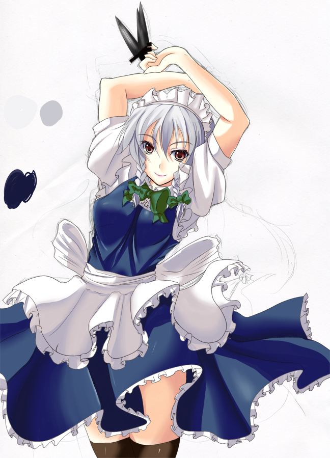 oimari, izayoi sakuya, embodiment of scarlet devil, touhou, silver hair, 1girl, apron, arms behind head, arms up, braid, female focus, hairband, headdress, knife, maid, maid apron, red eyes, short hair, solo, thighhighs, throwing knife, twin braids, weapon, white background