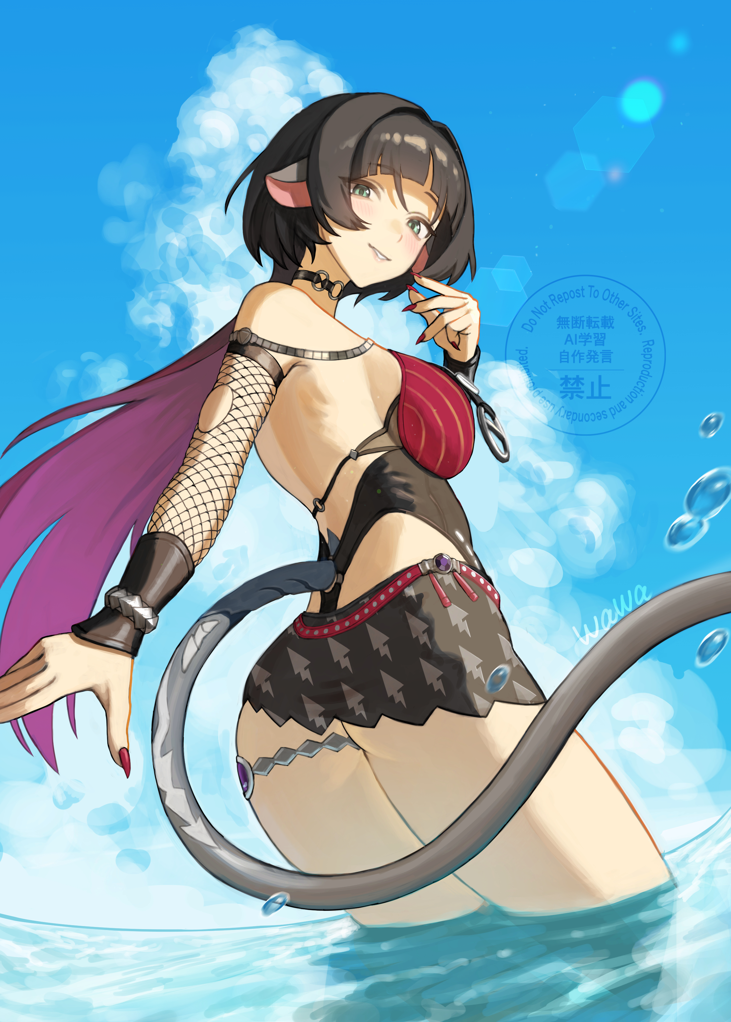 jane doe (nocturne of light) (zenless zone zero), jane doe (zenless zone zero), zenless zone zero, absurdres, commentary request, highres, 1girl, animal ears, aowawaart, artist name, ass, bare shoulders, black hair, black one-piece swimsuit, black sarong, blue eyes, blue sky, breasts, choker, cleavage, cloud, fingernails, fishnet sleeves, fishnets, from side, hand up, large breasts, leather leotard, long hair, long tail, looking at viewer, looking back, mouse ears, mouse girl, mouse tail, multicolored hair, o-ring, o-ring choker, official alternate costume, one-piece swimsuit, outdoors, red hair, red nails, red one-piece swimsuit, sarong, sky, solo, splashing, swimsuit, tail, thigh strap, two-tone one-piece swimsuit, wading, water