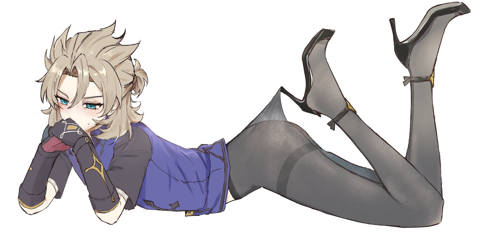 amaairito, albedo (genshin impact), genshin impact, highres, 1boy, black gloves, black shoes, blonde hair, blue eyes, blue shirt, crossdressing, crossdressing (mtf), elbow gloves, full body, gloves, hair between eyes, high heels, hooked on heel, lace pantyhose hooked on heel (meme), lying, male focus, medium hair, meme, on stomach, pantyhose, shirt, shoes, simple background, white background