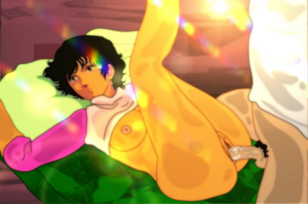 kisugi ai, cat's eye, 1980s (style), 1boy, 1girl, bottomless, breasts, clothes lift, dark-skinned male, dark skin, hetero, legs up, missionary, nipples, no panties, nude, oldschool, penis, pussy, retro artstyle, sex, shirt lift, solo focus, uncensored, vaginal