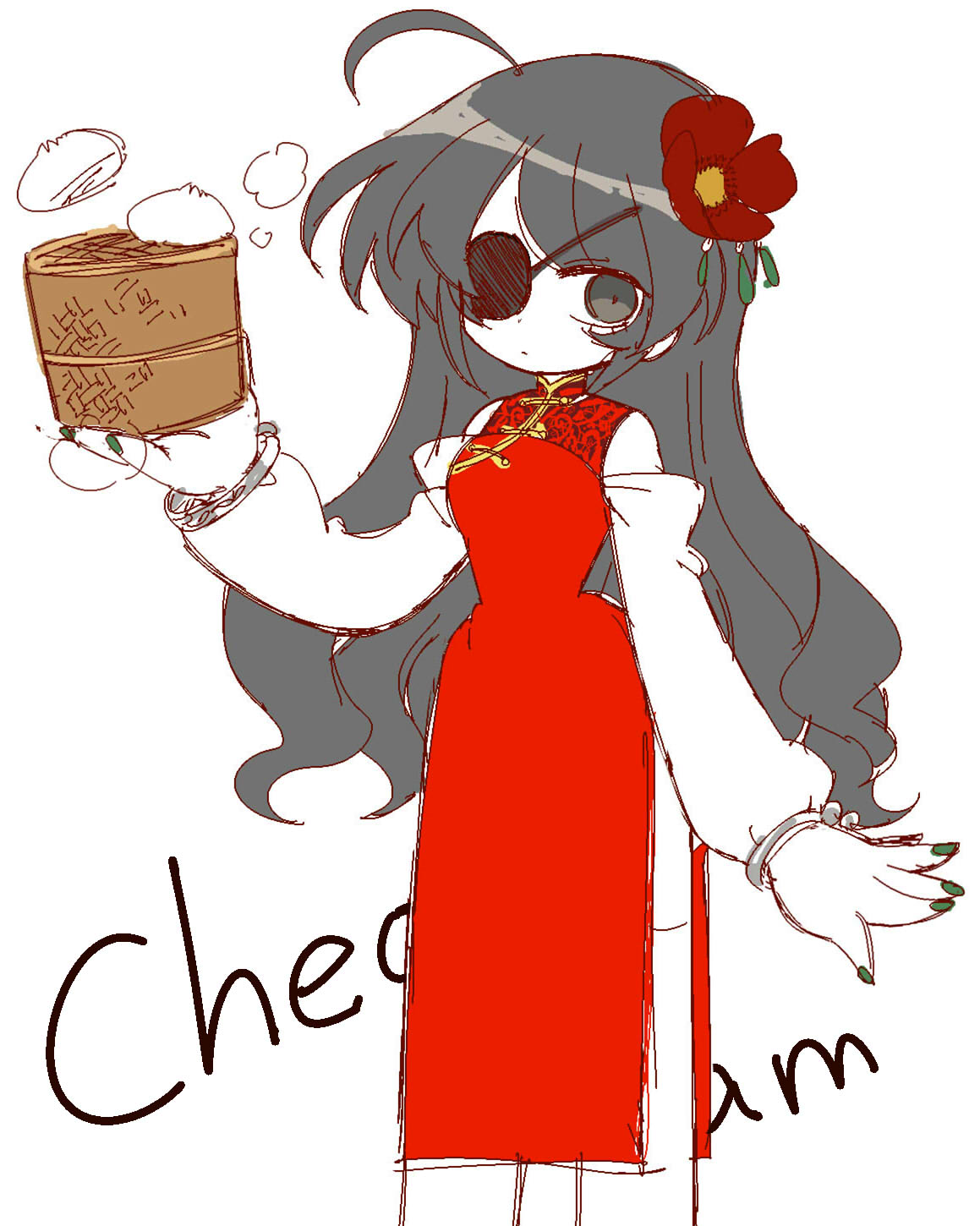 woshiab, wodahs (funamusea), funamusea, haiiro teien, highres, 1girl, ahoge, bamboo steamer, bracelet, china dress, chinese clothes, detached sleeves, dim sum, dress, english text, eyepatch, flower, food, funamusea (style), genderswap, genderswap (mtf), green nails, grey eyes, grey hair, hair flower, hair ornament, holding, jewelry, long hair, messy hair, red dress, red flower, solo, steam