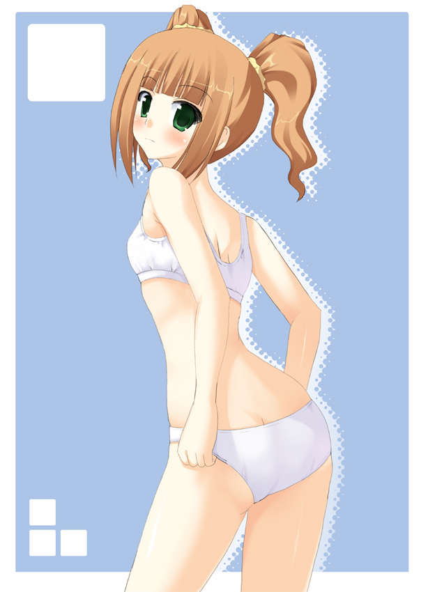 odaya, odayan, takatsuki yayoi, idolmaster, idolmaster (classic), 00s, 1girl, ass, blush, bra, brown hair, butt crack, female focus, flat chest, green eyes, lingerie, panties, solo, twintails, underwear, underwear only