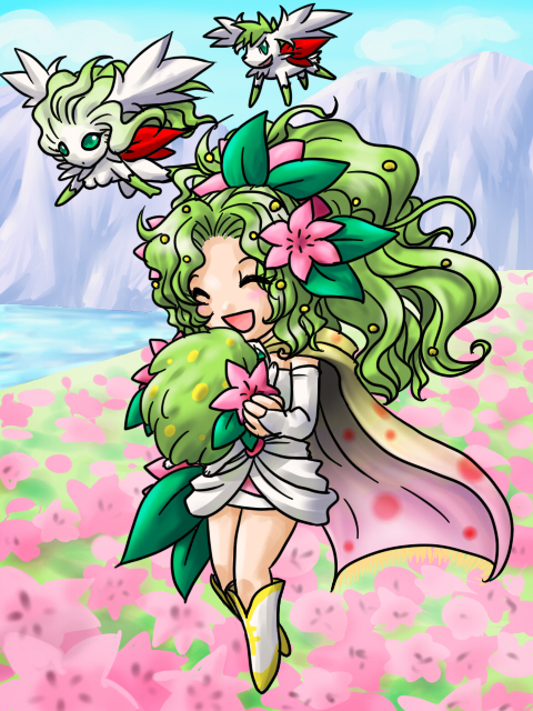 kiito, kits (kiito), shaymin, shaymin (land), shaymin (sky), tina branford, trance terra branford, final fantasy, final fantasy vi, moemon, nintendo, pokemon, costume, 00s, 1990s (style), 1girl, alternate form, closed eyes, creature and personification, crossover, flower, garden, gen 4 pokemon, gracidea, legendary pokemon, mythical pokemon, personification, pokemon (creature), retro artstyle