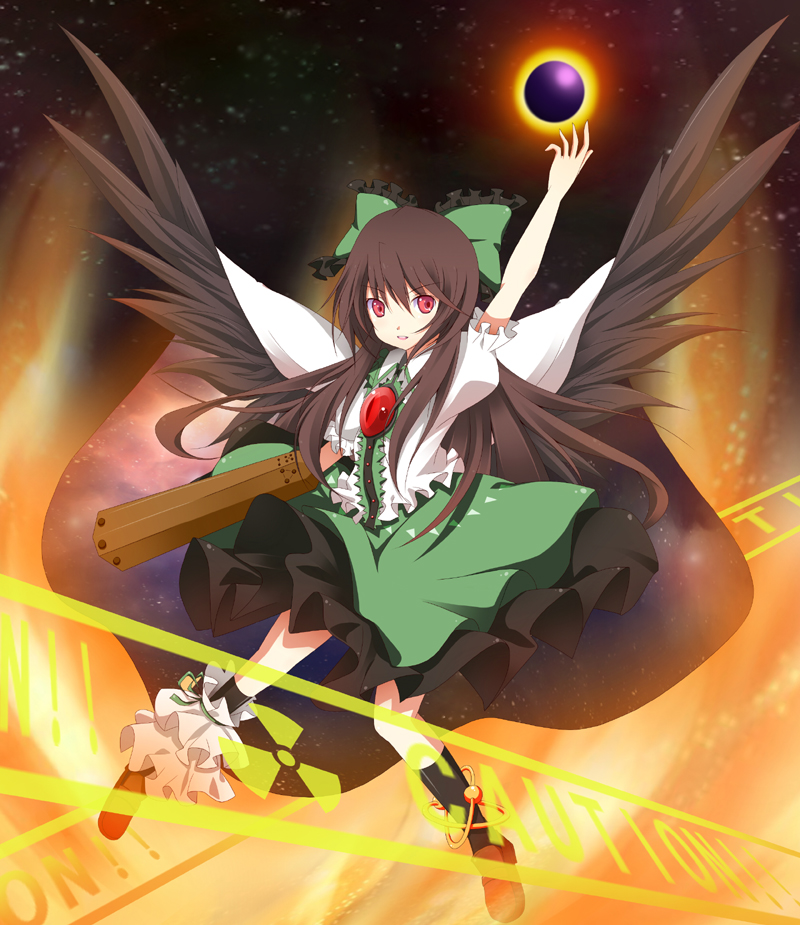 kurono yuzuko, yuuko (pixiv), reiuji utsuho, touhou, bad id, bad pixiv id, 1girl, black hair, female focus, hair ribbon, long hair, red eyes, ribbon, solo, space, wings