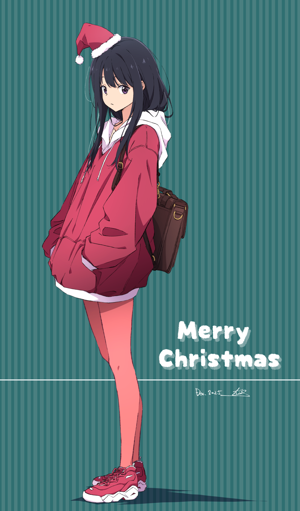 nii manabu, inoue takina, lycoris recoil, commentary request, highres, 1girl, backpack, bag, black hair, brown bag, full body, green background, hands in pocket, hat, hood, hoodie, long hair, looking at viewer, merry christmas, purple eyes, randoseru, red hoodie, red shoes, santa hat, shoes, sidelocks, sneakers, solo, standing