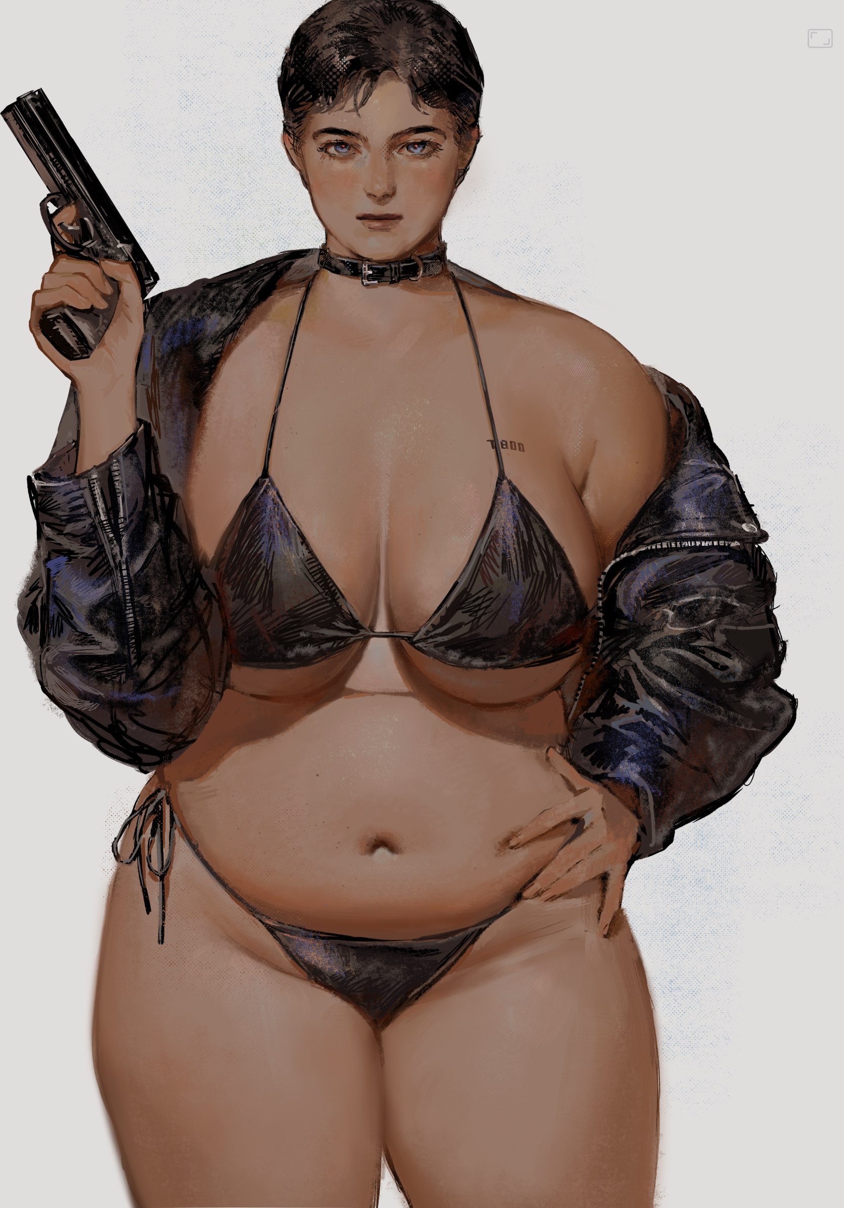 rora (auroradiation), original, terminator (series), highres, 1girl, armpit crease, belly, belt collar, bikini, black bikini, black choker, black hair, black jacket, blue eyes, body writing, breast tattoo, breasts, choker, closed mouth, collar, cowboy shot, fat, grey background, gun, hand on own hip, handgun, holding, holding gun, holding weapon, jacket, large breasts, leather, leather jacket, long sleeves, looking at viewer, navel, open clothes, open jacket, short hair, side-tie bikini bottom, simple background, single bare shoulder, single off shoulder, solo, standing, string bikini, swimsuit, tattoo, thick thighs, thighs, weapon