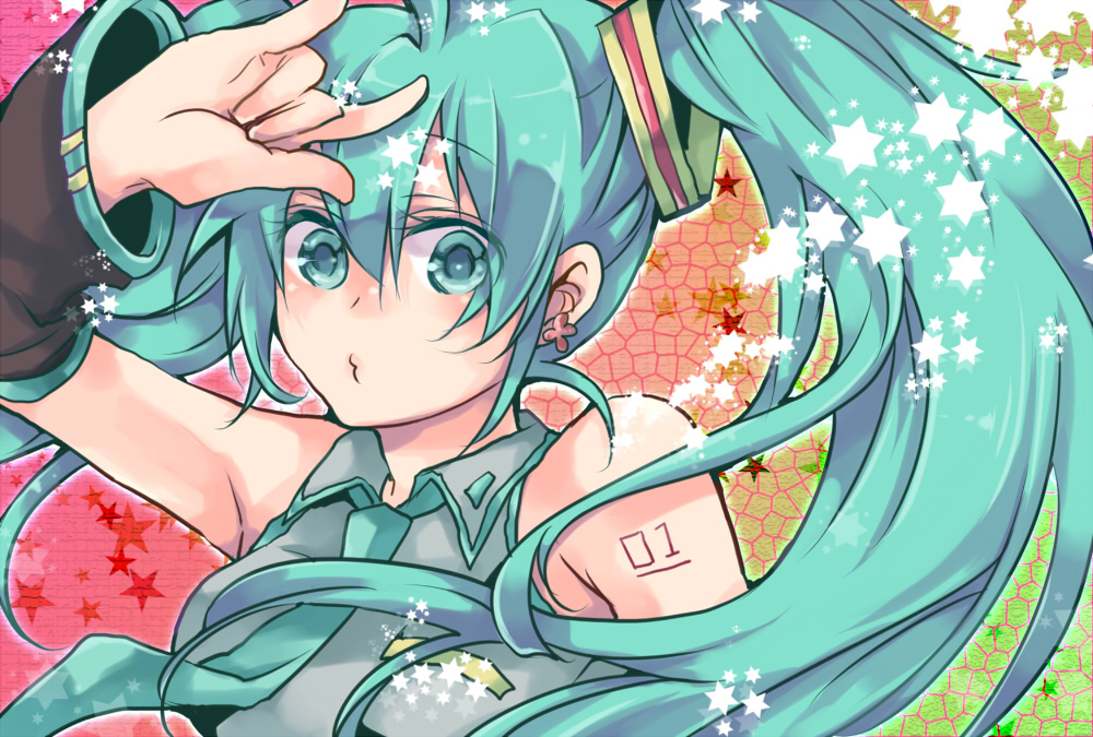 hafu, hatsune miku, vocaloid, bad id, bad pixiv id, 1girl, m/, aqua eyes, aqua hair, detached sleeves, earrings, female focus, jewelry, long hair, necktie, solo, twintails