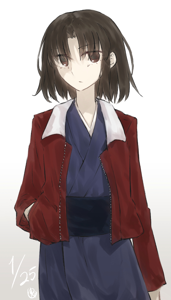yubeshi (zecxl), ryougi shiki, kara no kyoukai, commentary request, 1girl, ahoge, blue kimono, breasts, brown hair, grey eyes, jacket, japanese clothes, kimono, long sleeves, looking at viewer, parted bangs, red jacket, sash, short hair, small breasts, solo