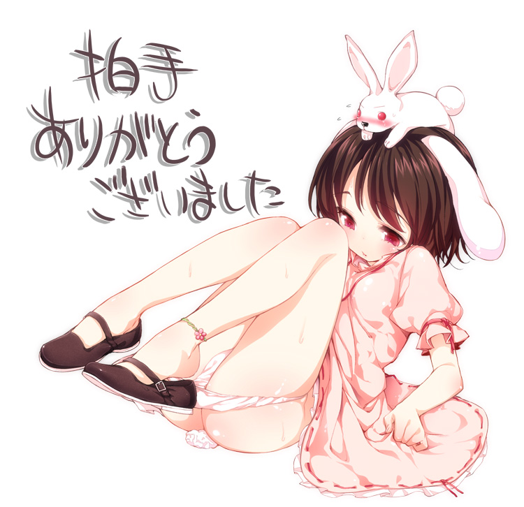 buriki, inaba tewi, touhou, translated, 1girl, animal ears, anklet, ass, brown hair, dress, feet, female focus, full body, jewelry, mary janes, no socks, panties, panty pull, rabbit, rabbit ears, rabbit girl, rabbit tail, red eyes, shoe dangle, shoes, simple background, sitting, sitting on head, sitting on person, solo, tail, underwear, webclap, white background