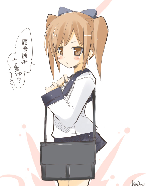 dama, translation request, 1girl, bag, blush, brown eyes, brown hair, female focus, hair ribbon, ribbon, school uniform, short hair, simple background, solo, twintails, white background