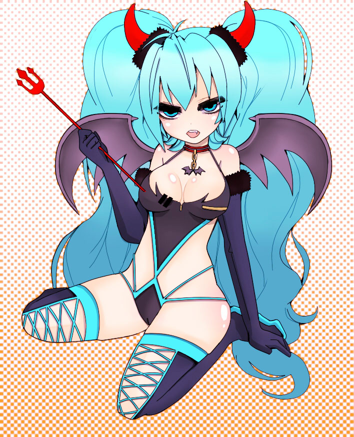 sakagemiken5, hatsune miku, vocaloid, bad id, bad pixiv id, 1girl, aqua eyes, aqua hair, bat wings, breasts, cameltoe, cleavage, demon girl, elbow gloves, fang, female focus, full body, gloves, halftone, halftone background, horns, long hair, medium breasts, polearm, solo, thighhighs, trident, twintails, weapon, wings