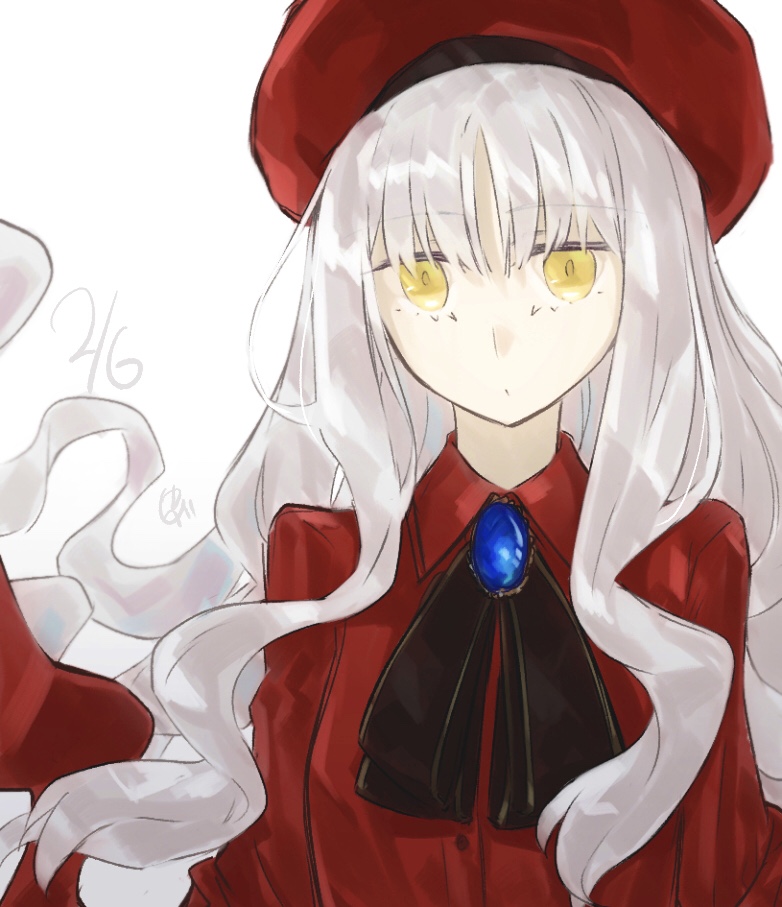 yubeshi (zecxl), caren hortensia, caren hortensia (amor caren) (second ascension), fate/grand order, fate (series), commentary request, 1girl, beret, breasts, brooch, dress, hat, jewelry, long hair, long sleeves, looking at viewer, medium breasts, neck ribbon, red dress, red hat, ribbon, shawl, solo, white hair, yellow eyes