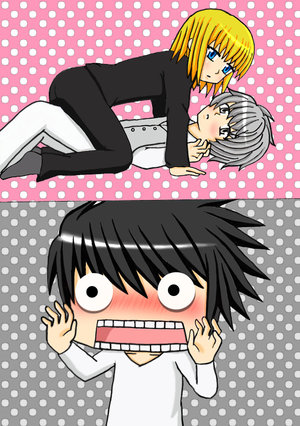 l (death note), mello (death note), near (death note), death note, silver hair, lowres, 3boys, blonde hair, blush, chibi, male focus, multiple boys, parody, shota, yaoi