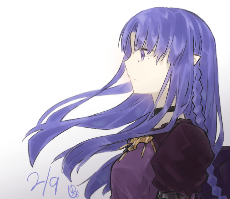 yubeshi (zecxl), medea (caster) (fate), medea (fate), fate/stay night, fate (series), commentary request, 1girl, blue eyes, blue hair, braid, breasts, choker, dress, long hair, long sleeves, medium breasts, parted bangs, pointy ears, profile, purple dress, side braid, sidelocks, solo