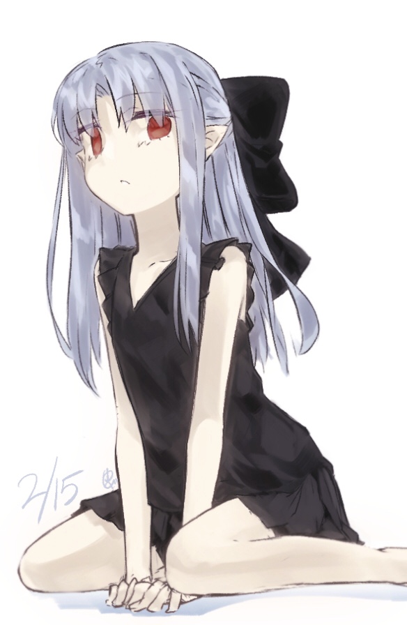 yubeshi (zecxl), len (tsukihime), tsukihime, commentary request, 1girl, bare shoulders, black bow, black dress, bow, breasts, dress, grey hair, hair bow, half updo, long hair, looking at viewer, parted bangs, pointy ears, red eyes, sitting, small breasts, solo