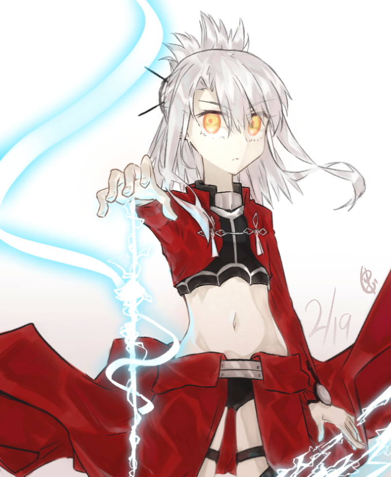 yubeshi (zecxl), illyasviel von einzbern, illyasviel von einzbern (archer install), fate/kaleid liner prisma illya, fate (series), commentary request, 1girl, black panties, breasts, bridal gauntlets, hair bun, hair ornament, hairpin, half updo, long hair, long sleeves, looking at viewer, navel, outstretched arm, panties, red shrug, showgirl skirt, shrug (clothing), sidelocks, small breasts, solo, underwear, white hair, yellow eyes