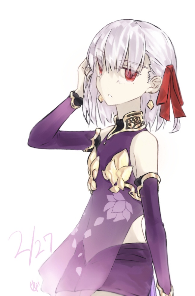 yubeshi (zecxl), kama (assassin) (first ascension) (fate), kama (fate), kama (first ascension) (fate), kama (young) (fate), fate/grand order, fate (series), commentary request, 1girl, armlet, armor, bare shoulders, bikini armor, bracelet, breasts, collar, detached sleeves, dress, earrings, floral print, hair ribbon, jewelry, looking at viewer, metal collar, miniskirt, pelvic curtain, purple dress, purple skirt, purple sleeves, red eyes, ribbon, short hair, skirt, small breasts, solo, white hair