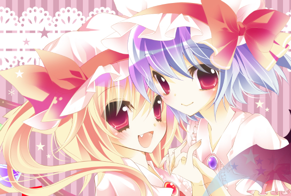 hashimo yuki, flandre scarlet, remilia scarlet, touhou, bad id, bad pixiv id, 2girls, blonde hair, blue hair, fang, female focus, hat, holding hands, multiple girls, red eyes, siblings, sisters