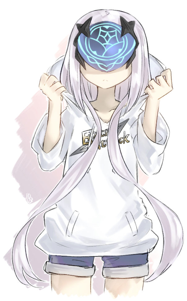 yubeshi (zecxl), melusine (fate), fate/grand order, fate (series), commentary request, 1girl, bike shorts, breasts, extra attack shirt, hood, hooded sweater, long hair, long sleeves, mask, sidelocks, small breasts, solo, sweater, thighs, white hair, white sweater