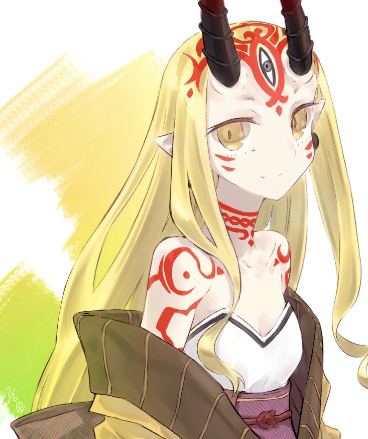 yubeshi (zecxl), ibaraki douji (fate), fate/grand order, fate (series), commentary request, 1girl, bare shoulders, blonde hair, breasts, facial mark, forehead, forehead mark, hair pulled back, horns, japanese clothes, kimono, long hair, looking at viewer, obi, off shoulder, oni, pointy ears, sash, small breasts, smile, solo, tattoo, yellow eyes, yellow kimono