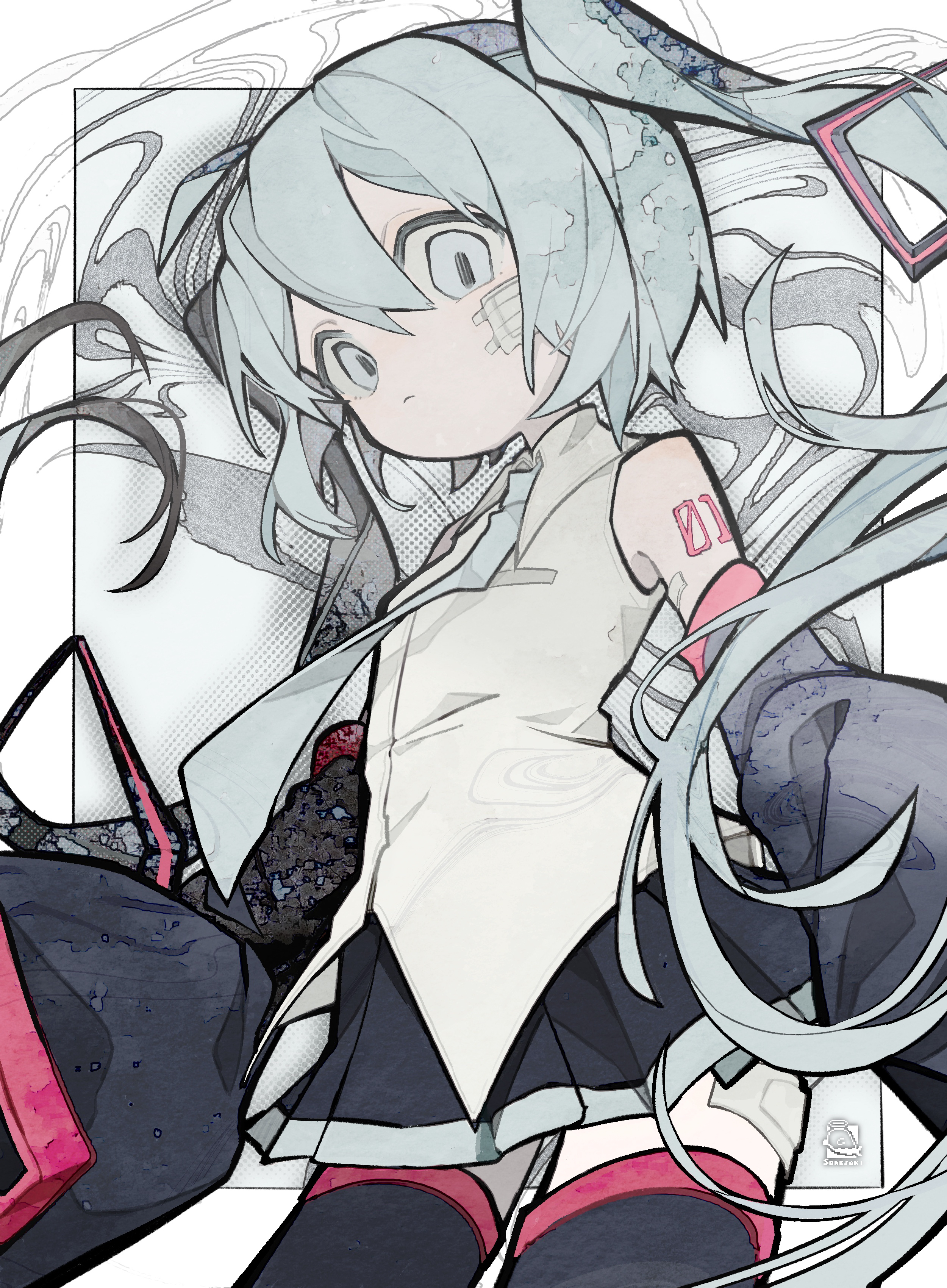 soresaki, hatsune miku, vocaloid, absurdres, commentary, english commentary, highres, 1girl, abstract background, closed mouth, cowboy shot, detached sleeves, gauze, gauze on cheek, long hair, long sleeves, looking at viewer, miniskirt, necktie, pleated skirt, shirt, skirt, sleeveless, sleeveless shirt, solo, thighhighs, twintails