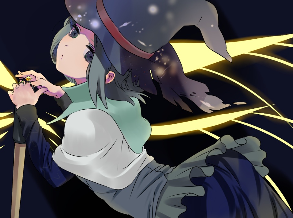 umishima senbon, bad id, bad pixiv id, 1girl, arched back, ass, back, blue eyes, blue hair, capelet, female focus, hat, jewelry, long sleeves, looking at viewer, looking back, matching hair/eyes, ring, short hair, solo, witch hat