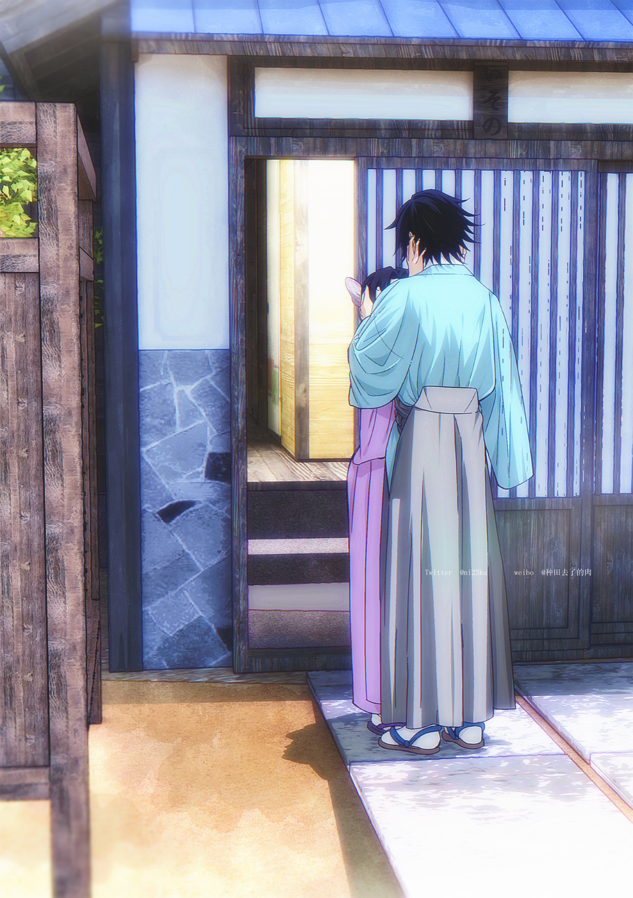niku (ni23ku), kochou shinobu, tomioka giyuu, kimetsu no yaiba, absurdres, commentary, english commentary, highres, 1boy, 1girl, aqua shirt, architecture, artist name, black hair, butterfly hair ornament, couple, east asian architecture, full body, grey hakama, hair ornament, hakama, hand in another's hair, hetero, japanese clothes, kimono, outdoors, purple kimono, sandals, shirt, short hair, socks, standing, tabi, weibo username, white socks