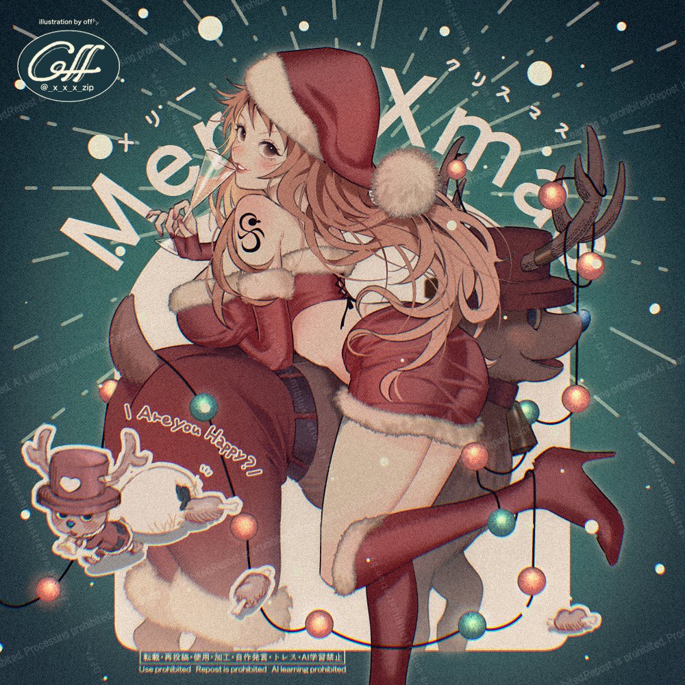 yum xoxo yum, nami (one piece), tony tony chopper, one piece, commentary request, 1boy, 1girl, animal ears, antlers, arm under breasts, ass, bare shoulders, blue nose, blush, boned meat, boots, breasts, brown eyes, christmas, christmas ornaments, crop top, cup, deer ears, detached sleeves, emphasis lines, food, foot out of frame, from side, fur-trimmed boots, fur-trimmed headwear, fur-trimmed skirt, fur-trimmed sleeves, fur trim, hat, high heel boots, high heels, holding, holding cup, holding sack, horns, horns through headwear, large breasts, leg up, long hair, looking at viewer, meat, merry christmas, miniskirt, orange hair, parted lips, pom pom (clothes), red boots, red hat, red lips, red skirt, red sleeves, reindeer antlers, reindeer boy, sack, santa costume, santa hat, shoulder tattoo, skin tight, skirt, tattoo, tight clothes, twitter username