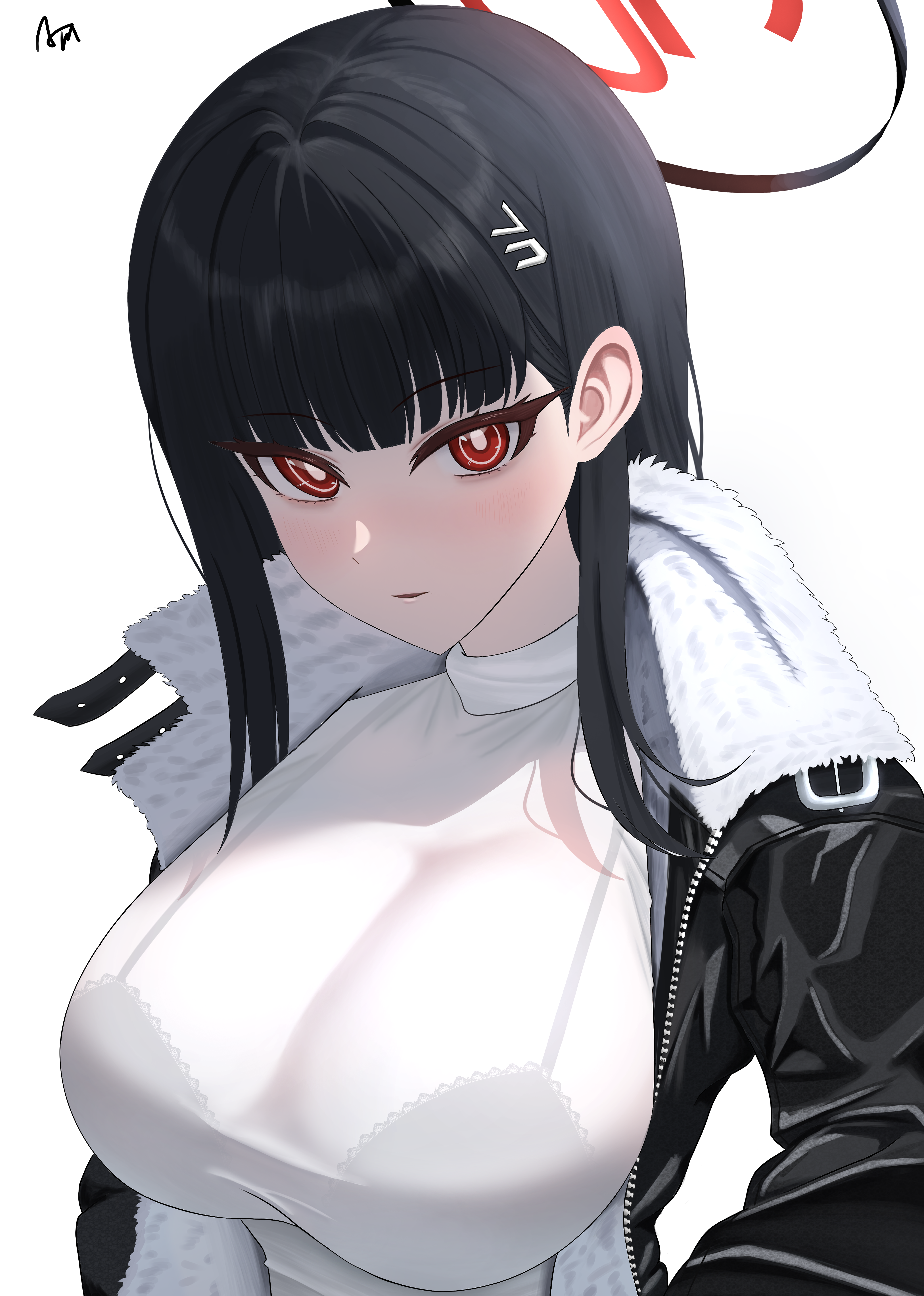 rio (blue archive), blue archive, absurdres, commentary, english commentary, highres, 1girl, arina0x0, black bra, black hair, black jacket, blush, bra, breasts, hair ornament, hairclip, halo, jacket, large breasts, long hair, looking at viewer, red eyes, ringed eyes, see-through clothes, simple background, solo, sweater, turtleneck, turtleneck sweater, underwear, white background