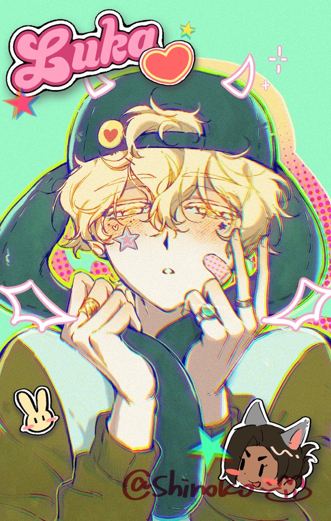 hyuna (alien stage), luka (alien stage), alien stage, 1boy, 1girl, alien, animal hat, backwards hat, bandaid, bandaid on face, blonde hair, character name, chibi, colored eyelashes, hat, heart, jewelry, multiple rings, rabbit, rabbit hat, ring, shinoko1102, simple background, star on cheek, sticker, sticker on face, sweater, teeth, watermark