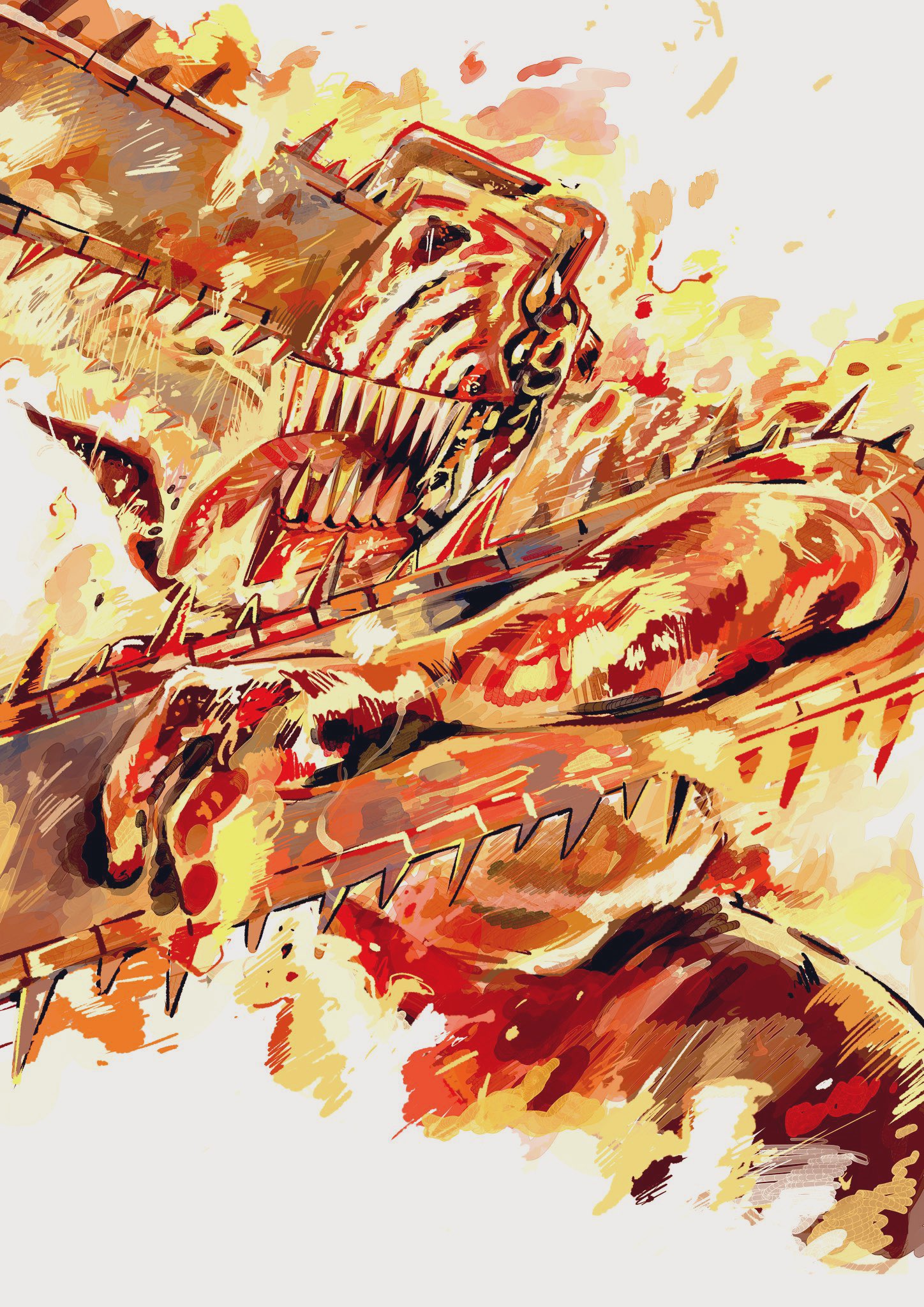 sukesukeburger, chainsaw devil, denji (chainsaw man), chainsaw man, commentary request, highres, 1boy, black necktie, black pantyhose, chainsaw, fighting stance, fire, male focus, necktie, open mouth, pantyhose, sharp teeth, shirt, simple background, solo, teeth, tongue, tongue out, white shirt