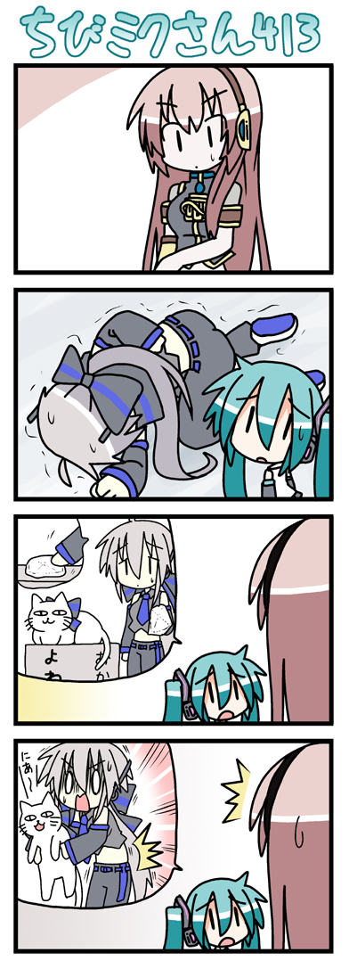 minami (colorful palette), chibi miku, hatsune miku, megurine luka, yowane haku, yowaneko, vocaloid, long image, tall image, 0 0, 4koma, ^^^, cat, comic, pain, prostration, silent comic, sweatdrop, trembling, turn pale, twintails, | |