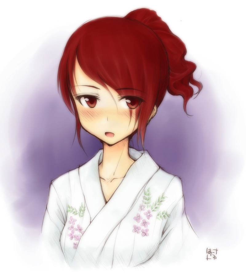 kirijou mitsuru, atlus, hanyu, persona, persona 3, 1girl, blush, female focus, japanese clothes, kimono, ponytail, red eyes, red hair, solo, upper body