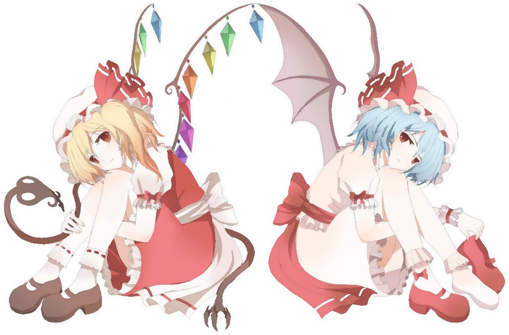 kidaisumomo, kiyori (suterarcyjro), flandre scarlet, remilia scarlet, touhou, bad id, bad pixiv id, 2girls, bat wings, blonde hair, blue hair, female focus, hat, multiple girls, ponytail, red eyes, shoes, short hair, siblings, side ponytail, single shoe, sisters, wings