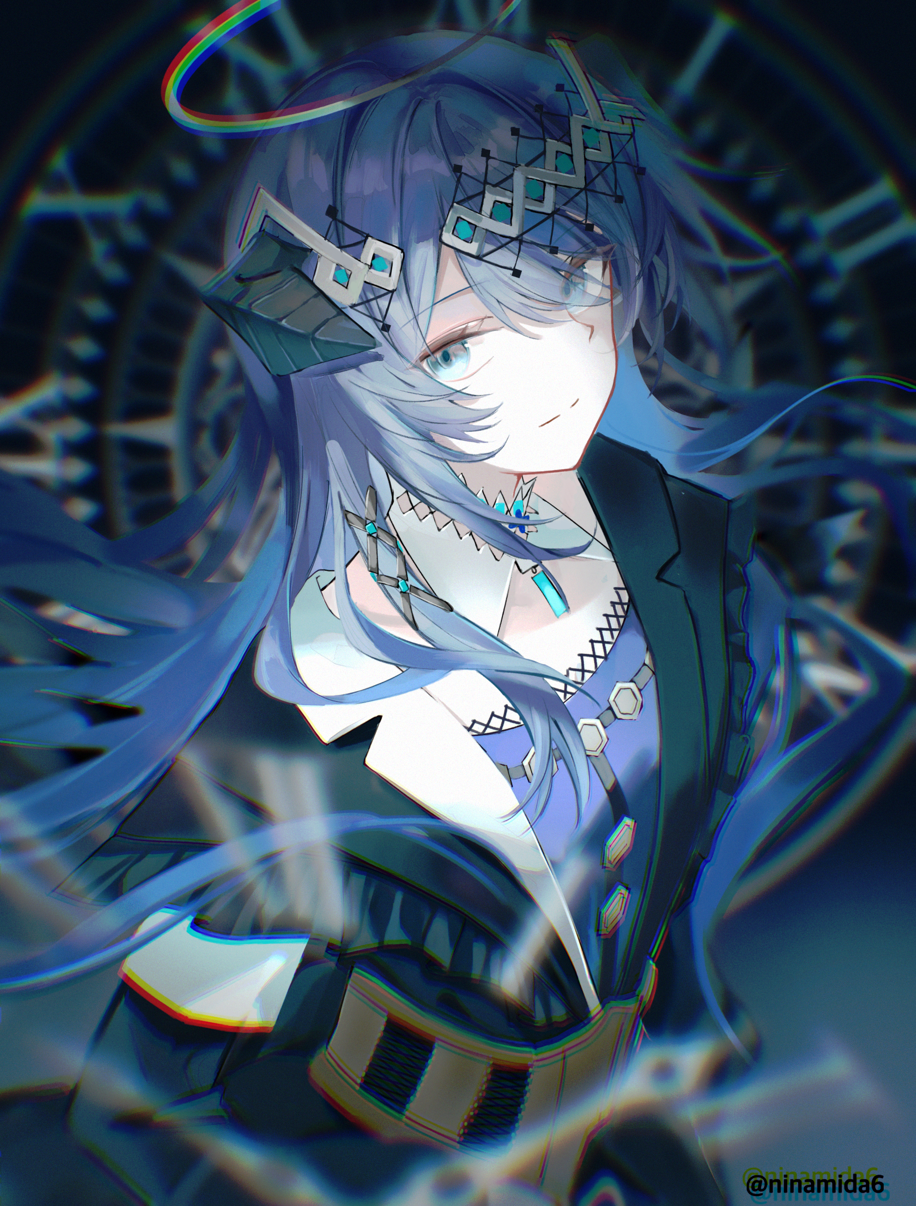 nianamo61, mostima (arknights), mostima (ethereal harmony) (arknights), ambience synesthesia, arknights, commentary request, highres, 1girl, alternate costume, blue eyes, blue hair, clock, collar, corset, hair ornament, halo, horns, official alternate costume, roman numeral, solo, traditional halo