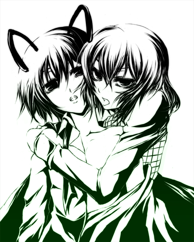 iwamoto eiri, kazami yuuka, wriggle nightbug, touhou, bad id, bad pixiv id, 2girls, antennae, female focus, green theme, hug, hug from behind, looking at viewer, monochrome, multiple girls, off shoulder, open clothes, open shirt, plaid clothes, plaid vest, reverse trap, shirt, short hair, tongue, vest, yuri