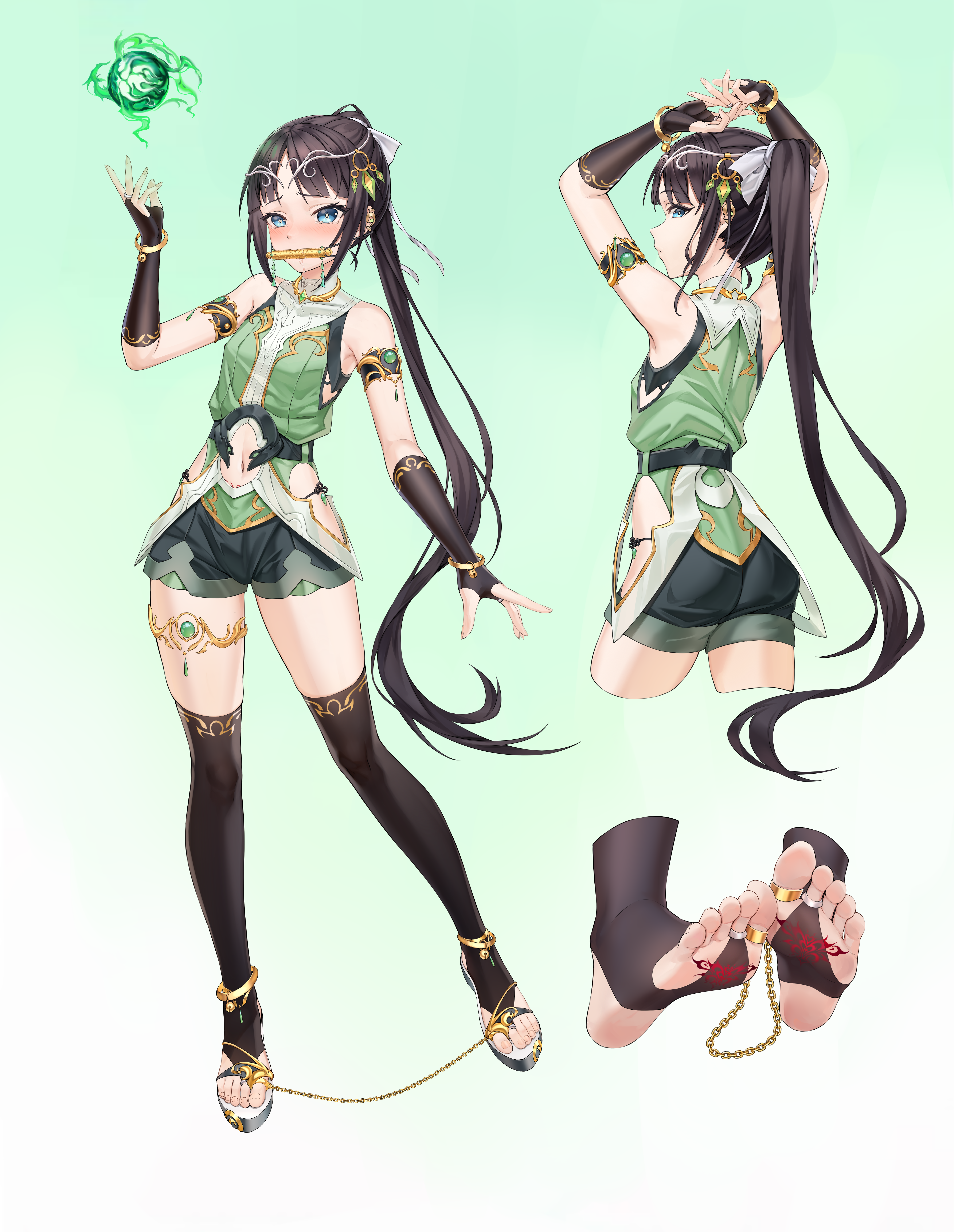 xo (xo17800108), original, absurdres, commentary request, highres, large variant set, variant set, 1boy, bare shoulders, bit gag, black gloves, black hair, black panties, black thighhighs, blue eyes, bound, bound toes, chain, clothing cutout, drooling, elbow gloves, gag, gagged, gloves, green shirt, hip vent, long hair, looking at viewer, multiple views, navel cutout, panties, ponytail, pubic tattoo, ribbon, sandals, shirt, shorts, side-tie panties, skindentation, standing, standing on one leg, stirrup legwear, tattoo, thighhighs, toeless legwear, trap, underwear, very long hair, white ribbon, zettai ryouiki