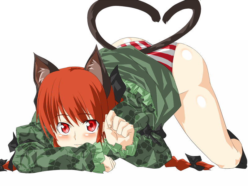 tomuman, kaenbyou rin, touhou, 1girl, animal ears, braid, cat ears, cat girl, cat tail, female focus, hair ribbon, heart, heart tail, multiple tails, panties, red eyes, red hair, ribbon, short hair, solo, striped clothes, striped panties, tail, twin braids, twintails, underwear