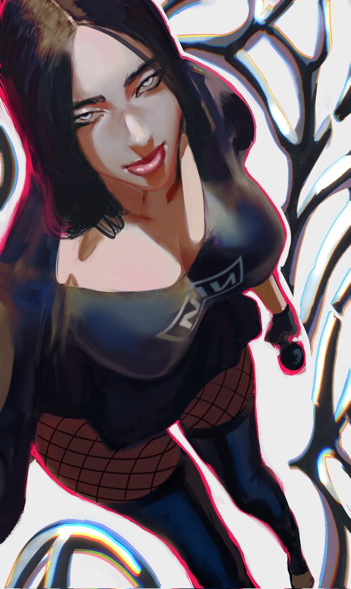 mashingvaquita, billie eilish, real life, commentary, english commentary, highres, 1girl, black hair, black thighhighs, blue eyes, breasts, cleavage, fishnet pantyhose, fishnets, jewelry, large breasts, long hair, looking at viewer, multicolored hair, navel, necklace, pantyhose, parted lips, shadow, shirt, simple background, solo, thick thighs, thighhighs, thighs