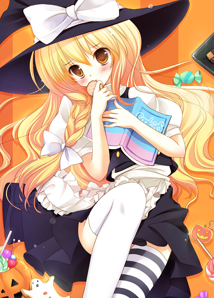mamita, kirisame marisa, touhou, bad id, bad pixiv id, translated, 1girl, asymmetrical legwear, blonde hair, blush, book, braid, candy, cookie, female focus, food, hair ribbon, halloween, hat, jack-o'-lantern, long hair, mismatched legwear, pumpkin, ribbon, solo, striped clothes, striped thighhighs, thighhighs, witch, witch hat, yellow eyes