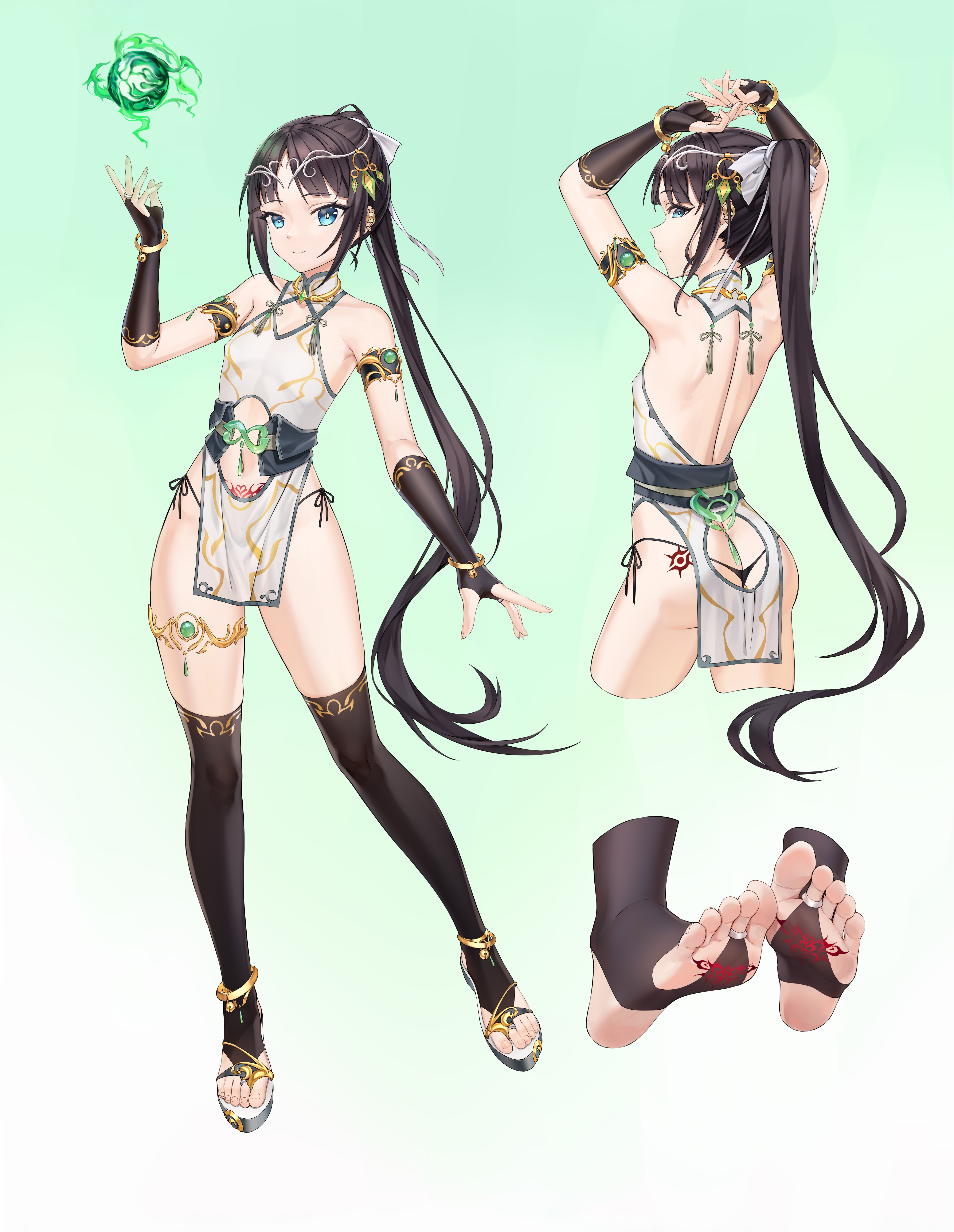 xo (xo17800108), original, absurdres, commentary request, highres, large variant set, variant set, 1boy, bare shoulders, black gloves, black hair, black panties, black thighhighs, blindfold, blue eyes, butt plug, china dress, chinese clothes, clothing cutout, dress, elbow gloves, gloves, long hair, multiple views, navel, navel cutout, panties, pelvic curtain, ponytail, pubic tattoo, ribbon, sandals, sex toy, side-tie panties, skindentation, standing, standing on one leg, stirrup legwear, stomach, tattoo, thighhighs, toeless legwear, trap, underwear, very long hair, white dress, white ribbon