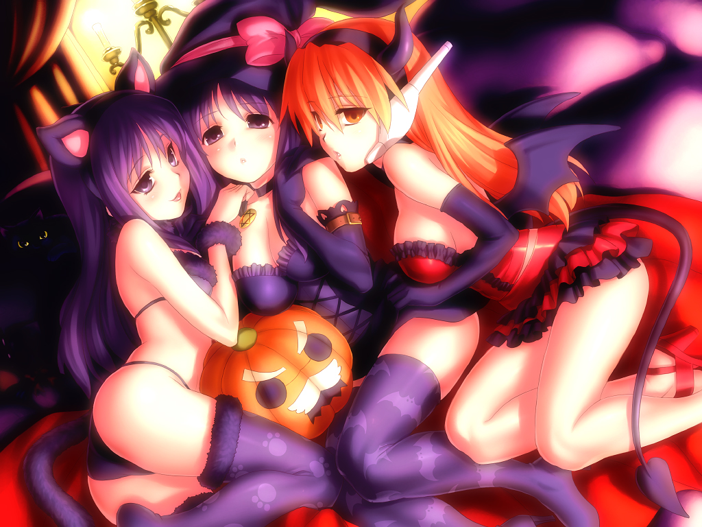 zen, kurusugawa ayaka, kurusugawa serika, serio (to heart), to heart, to heart (series), print legwear, purple legwear, 3girls, :p, animal ears, animal print, ass, bat print, bat wings, blue hair, breasts, cape, cat ears, cat tail, cleavage, demon tail, elbow gloves, gloves, halloween, hat, hexagram, jack-o'-lantern, large breasts, legs, long hair, lying, medium breasts, multiple girls, on side, orange eyes, orange hair, panties, paw print, pumpkin, purple eyes, purple hair, siblings, sisters, tail, thighhighs, thighs, tongue, tongue out, twins, underwear, wings, witch hat, yuri