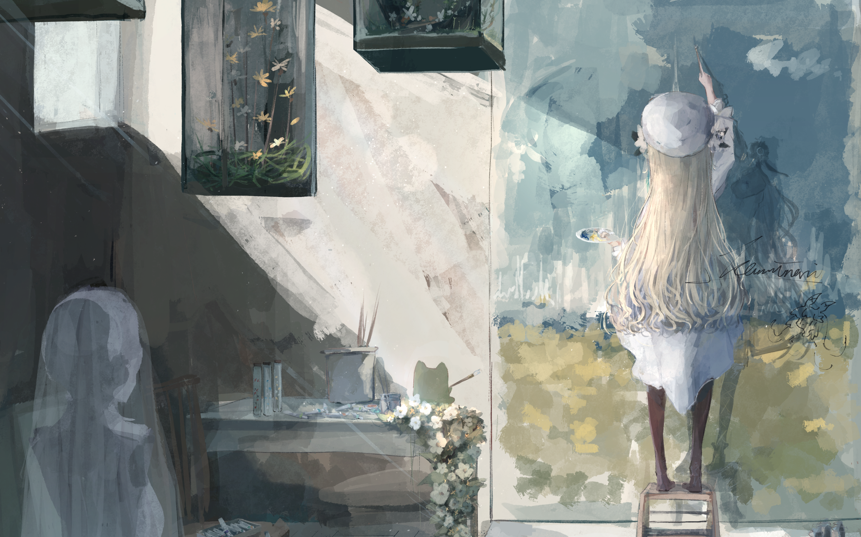 kaminari kzy, isekaijoucho, kamitsubaki studio, commentary request, cropped, highres, 1girl, arm up, blonde hair, dress, facing away, from behind, indoors, long hair, painting (action), painting (object), plant, signature, solo, standing, virtual youtuber, white dress