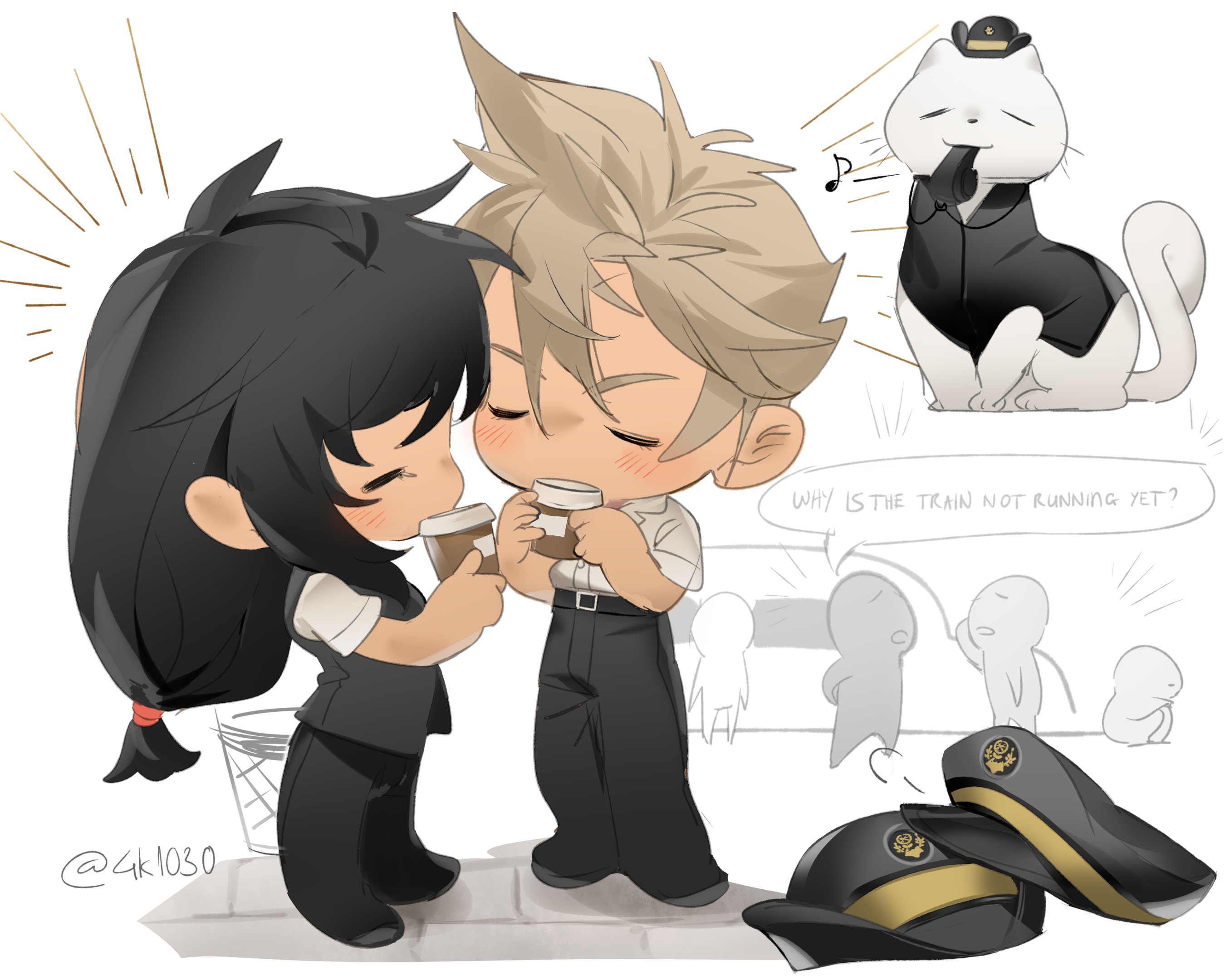 4k1030, cloud strife, maru (ff7), tifa lockhart, final fantasy, final fantasy vii, final fantasy vii remake, japan airlines, commentary, english commentary, highres, 1boy, 1girl, animal, belt, belt buckle, black hair, black hat, black pants, black vest, blonde hair, blush, buckle, cat, closed eyes, coffee, cup, drinking, english text, full body, hat, holding, holding cup, long hair, low-tied long hair, morning, musical note, official alternate costume, pants, shirt, short hair, short sleeves, speech bubble, spiked hair, standing, train, twitter username, unworn hat, unworn headwear, vest, whistle, whistling, white cat, white shirt