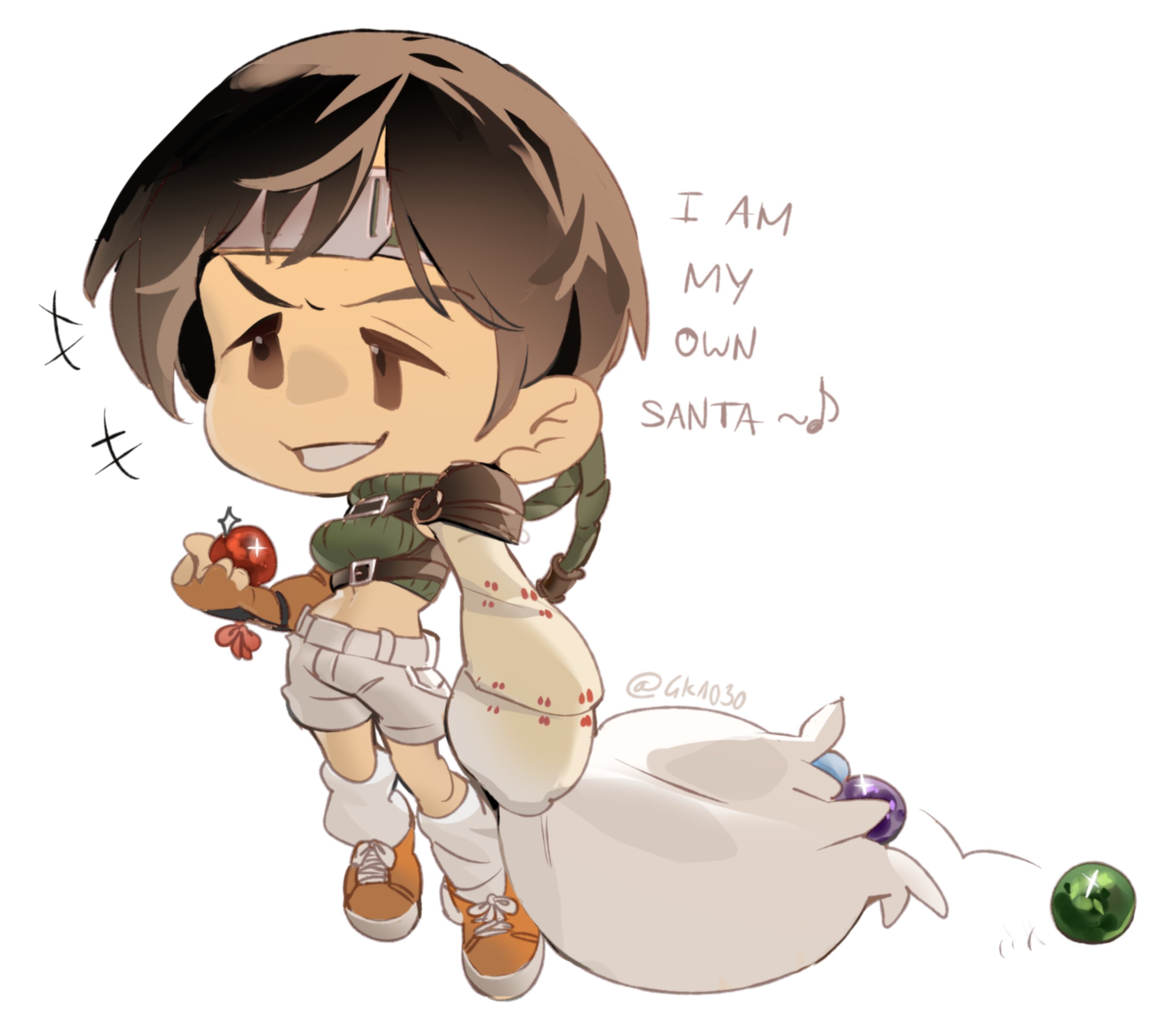 4k1030, yuffie kisaragi, final fantasy, final fantasy vii, final fantasy vii rebirth, final fantasy vii remake, absurdres, highres, +++, 1girl, brown eyes, brown hair, christmas, cropped sweater, deformed, english text, fingerless gloves, full body, gloves, green sweater, grin, headband, holding, holding sack, loose socks, materia, midriff, motion lines, musical note, orange gloves, orange shoes, sack, shaded face, shoes, short hair, shorts, simple background, single shoulder pad, sleeveless, sleeveless turtleneck, smile, socks, solo, sparkle, standing, sweater, turtleneck, turtleneck sweater, white background, white socks