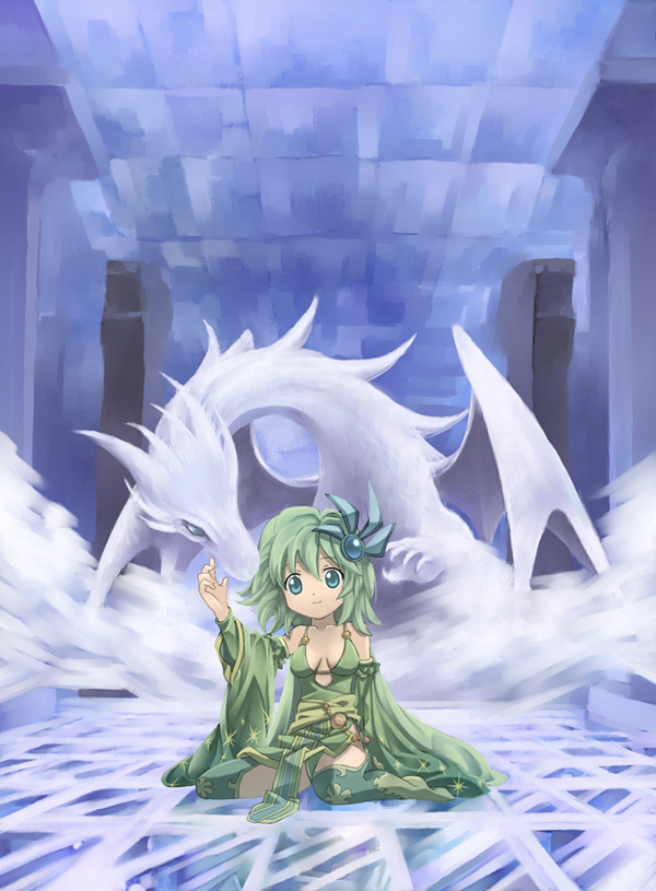 kouno hikaru, mist dragon, rydia (adult) (ff4), rydia (ff4), final fantasy, final fantasy iv, bad id, bad pixiv id, 1990s (style), 1girl, aged up, dragon, female focus, green eyes, green hair, indoors, matching hair/eyes, retro artstyle, solo
