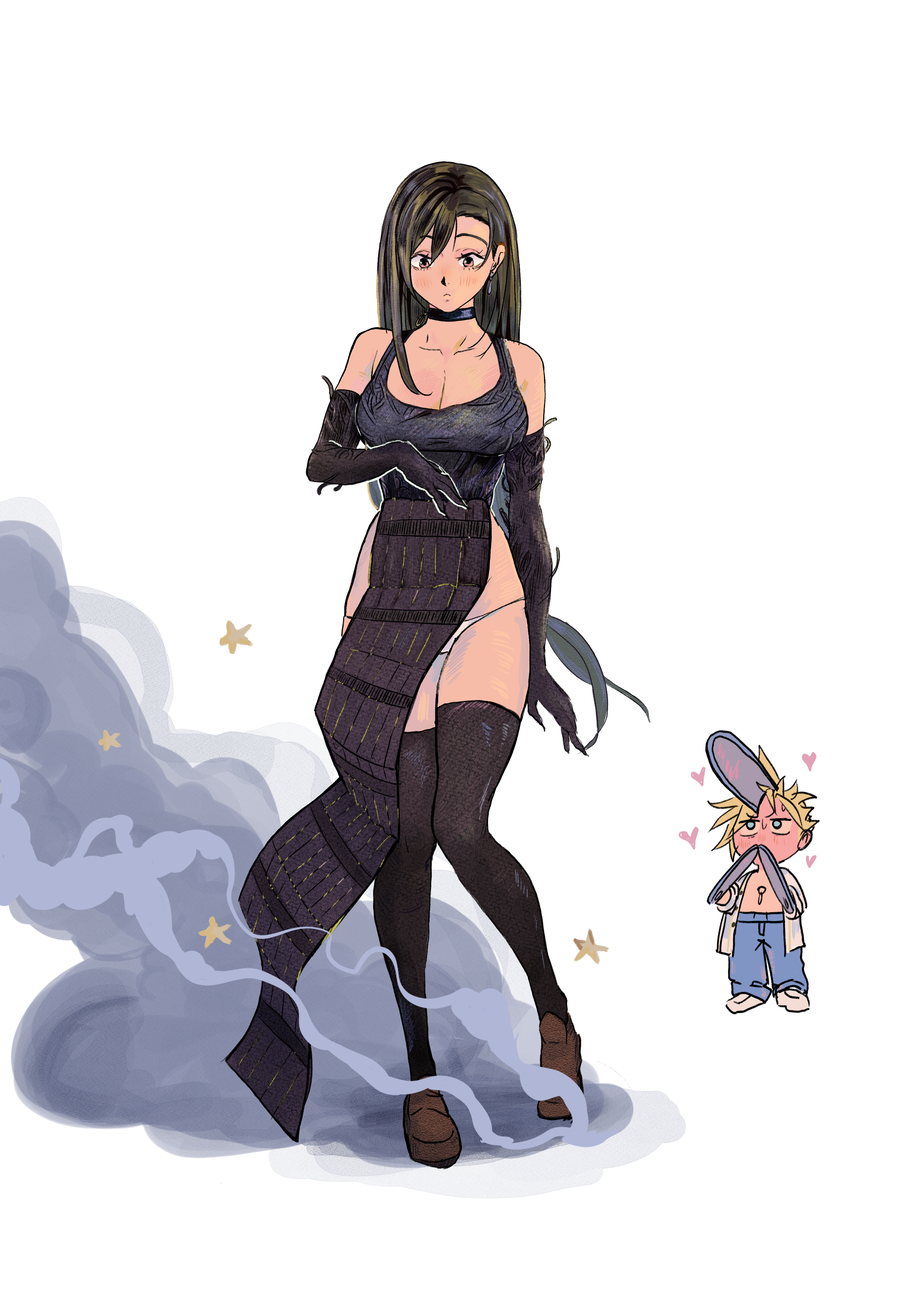 hugo artist, cloud strife, denji (chainsaw man), reze (chainsaw man), tifa lockhart, chainsaw man, final fantasy, final fantasy vii, final fantasy vii remake, absurdres, commentary, english commentary, highres, 1boy, 1girl, bare shoulders, black choker, black dress, black gloves, black hair, black thighhighs, blonde hair, blue pants, blush, breasts, brown shoes, chainsaw, choker, closed mouth, collarbone, cosplay, denim, denji (chainsaw man) (cosplay), dress, dust cloud, earrings, elbow gloves, full-face blush, full body, gloves, hair behind ear, heart, jeans, jewelry, large breasts, long hair, looking at another, looking at self, panties, pants, red eyes, reze (chainsaw man) (cosplay), shoes, short hair, single earring, sleeveless, sleeveless dress, spiked hair, standing, star (symbol), thighhighs, underwear, white background, white panties