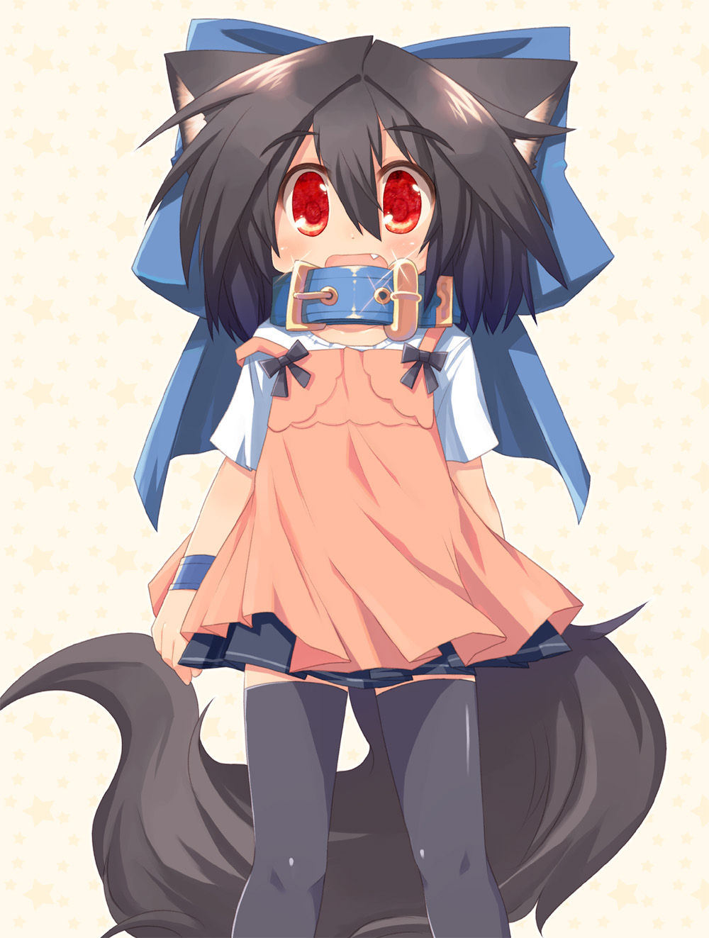 toba hiyoko, kannagi cocoa, original, highres, 1girl, animal ears, apron, black hair, child, collar, dog ears, dog tail, fang, female focus, hair ribbon, red eyes, ribbon, solo, tail, thighhighs, zettai ryouiki