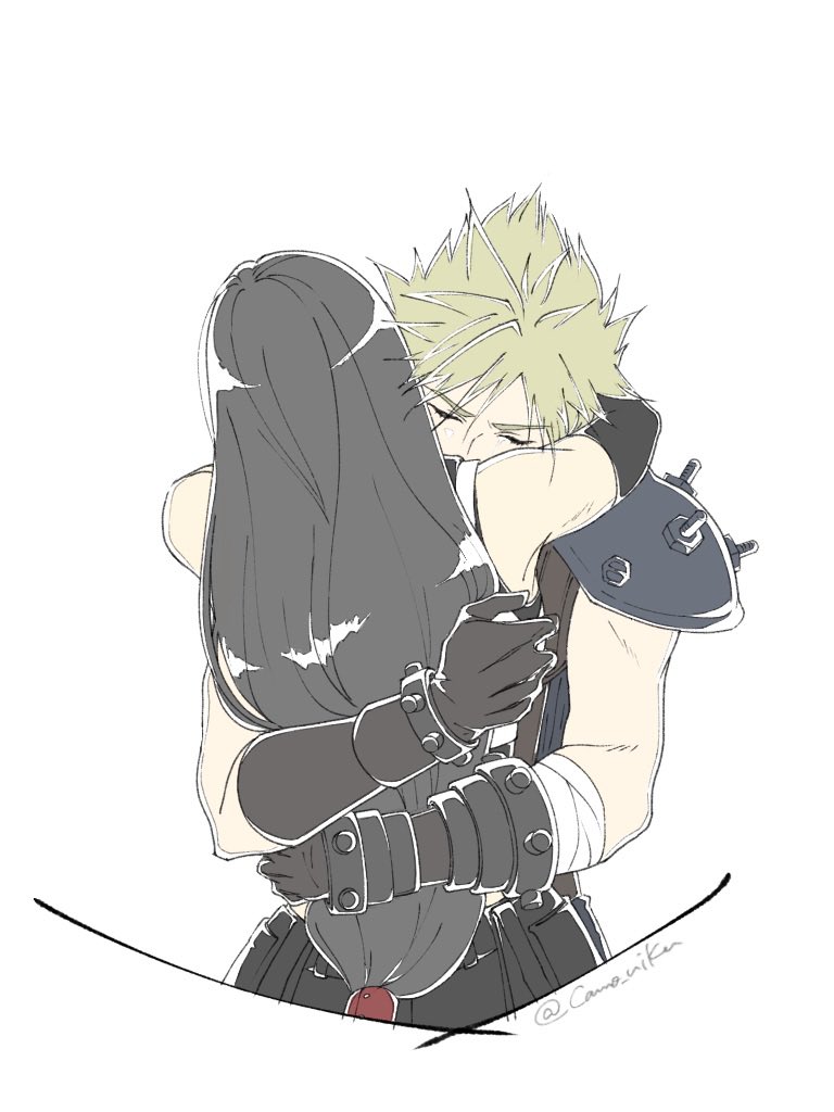 camo niku, cloud strife, tifa lockhart, final fantasy, final fantasy vii, final fantasy vii remake, commentary, english commentary, 1boy, 1girl, arms around neck, bare shoulders, black gloves, black hair, black skirt, blonde hair, closed eyes, couple, crop top, elbow gloves, from behind, gloves, hand on another's back, hand on another's hip, hetero, hug, long hair, low-tied long hair, short hair, simple background, skirt, sleeveless, sleeveless turtleneck, spiked hair, straight-on, suspenders, sweater, tank top, turtleneck, twitter username, upper body, white background, white tank top